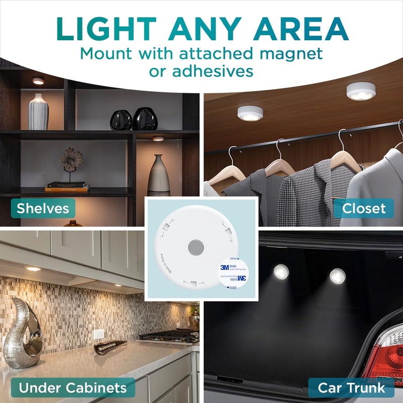 Brilliant Evolution Ultra Thin Wireless LED Touch Lights - Battery Operated Under Cabinet Lighting - Round Puck Lights for Closet, Countertop - Stick On Push Light for Home Decor - Pack of 2 - Image 5